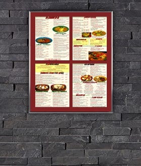 Menu SwingFrame with Silver Metal Frame with Red Mat Against Dark Brick Wall