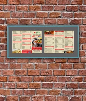 Menu SwingFrame with Teal Metal Frame with Gray Mat Against Red Brick Wall