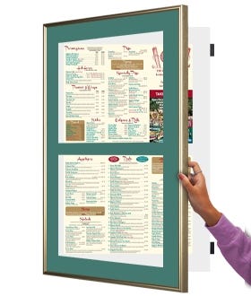 Menu SwingFrame with Gold Metal Frame with Blue-Green Mat open