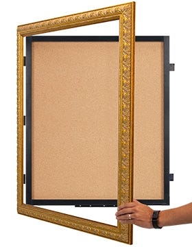 Ornate Wood Frame Cork Board SwingFrame - Open with Hand