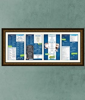 Menu SwingFrame with Dark Bronze Wood Frame and Cream Mat, Against Teal Blue Wall