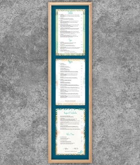 Menu SwingFrame with Light Oak Wood Frame and Teal Mat, Against Gray Wall