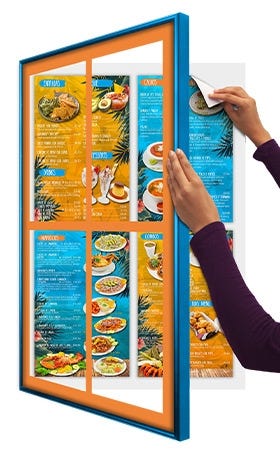 Menu SwingFrame with Blue Metal Frame and Orange Mat, Open