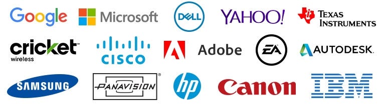 Google, Microsoft, Dell, Yahoo!, Texas Instruments, Cricket Wireless, Cisco, Adobe, EA, Autodesk