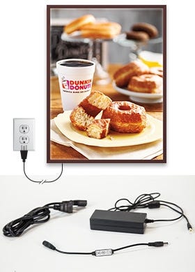 Power source, plugs, and cord included with SwingSnap LED Lightboxes