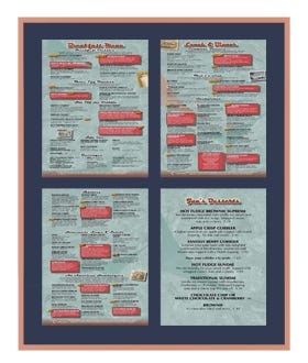 Menu SwingFrame with Frosted Rose Metal Frame with Navy Blue Mat - Displays four 85x11 Portrait Menus 2 Top and 2 Bottom