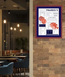 Menu SwingFrame with Mahogany Frame and Blue Mat shown in Restaurant
